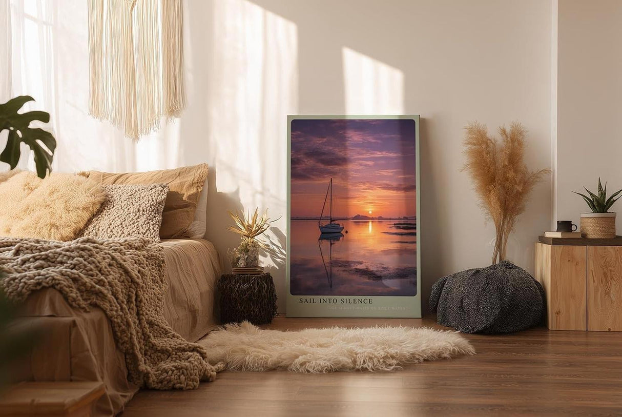 Paul Sinus Wandbild in 40x60cm Segelboot bei Sonnenuntergang auf stillem Wasser mit violett-orangefarbenem Himmel