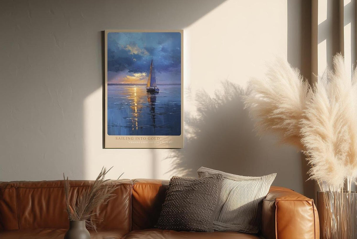 Paul Sinus Wandbild in 40x60cm Segelboot im goldenen Licht auf ruhigem Wasser mit dramatischem Himmel – maritimes Kunstwerk für stilvolle Raumgestaltung