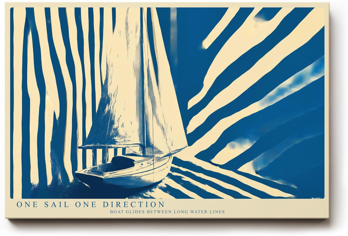 Paul Sinus Wandbild 120x80cm Segelboot moderne Illustration blau beige grafisches Meer Motiv minimalistisches Segelyacht Kunstbild stilvolle