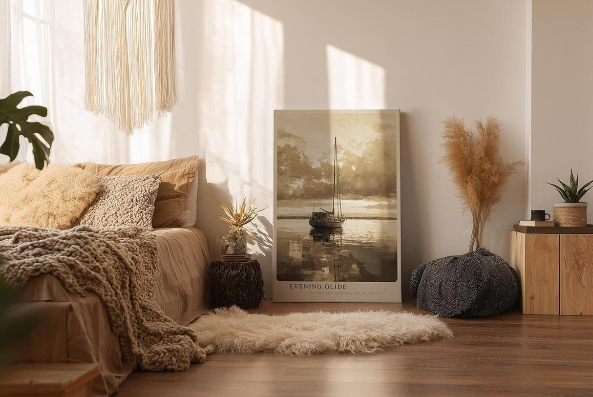 Paul Sinus Wandbild in 40x60cm Sepia-Segelboot auf ruhigem Wasser mit Wolkenhimmel – zeitlose maritime Kunst in warmen Farbtönen
