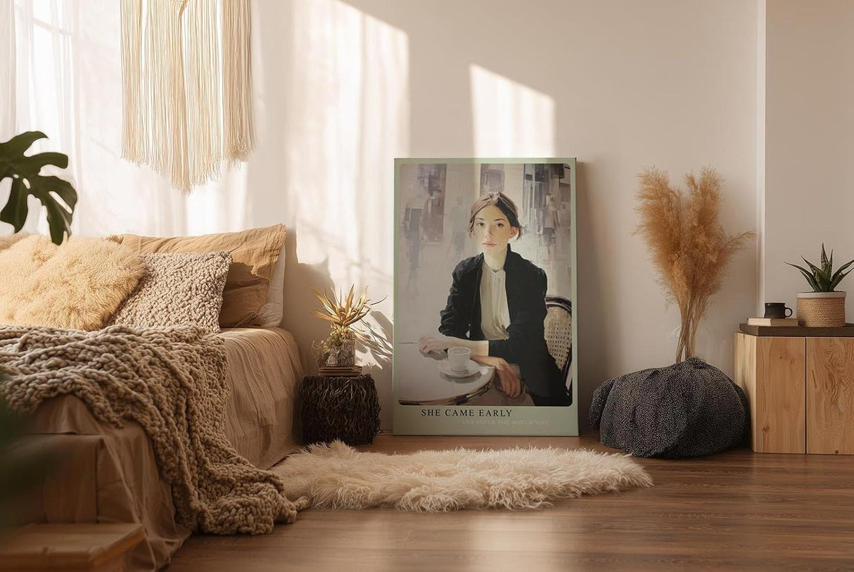 Paul Sinus Wandbild in 40x60cm She Came Early – Elegantes Porträt einer Frau am Café-Tisch, modern interpretiert in Bilder mit hellen, klaren Farbtönen