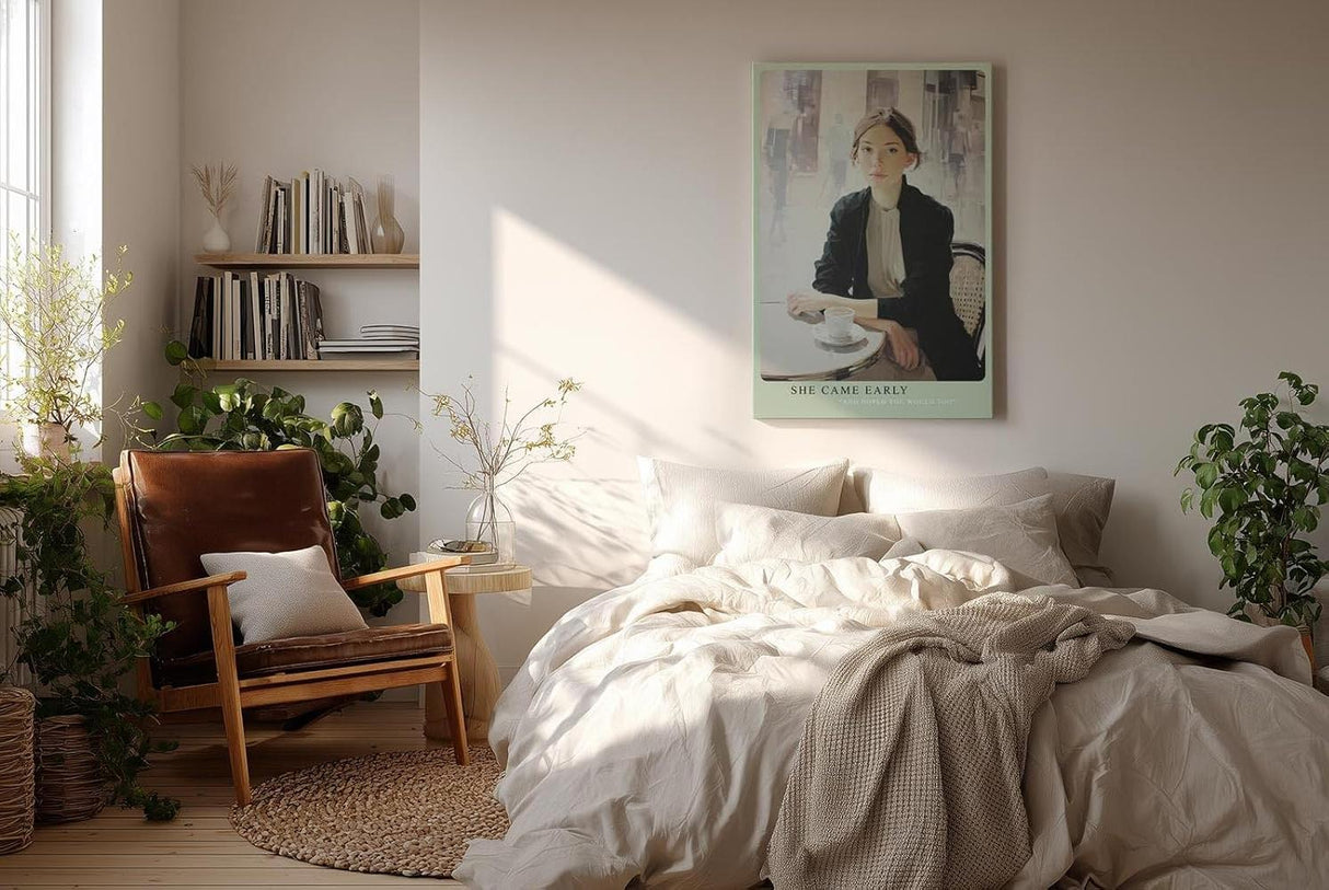Paul Sinus Wandbild in 40x60cm She Came Early – Elegantes Porträt einer Frau am Café-Tisch, modern interpretiert in Bilder mit hellen, klaren Farbtönen