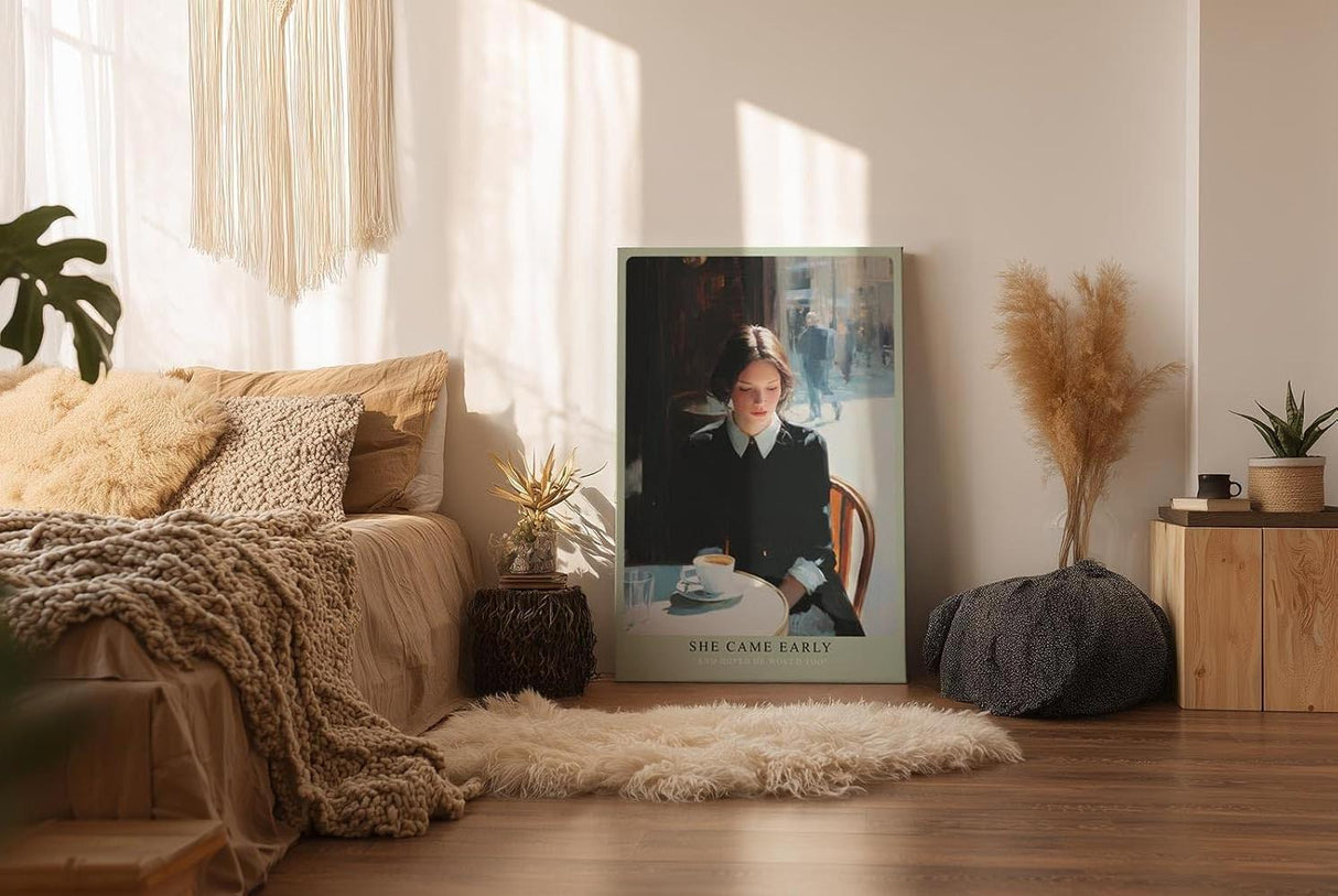 Paul Sinus Wandbild in 40x60cm She Came Early – Zartes Porträt einer Frau am Café-Tisch in Paris, nachdenklich auf ihre Tasse Kaffee blickend, moderne Bilder mit sanften Farbtönen