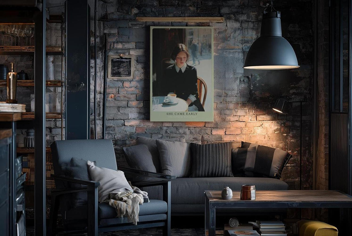 Paul Sinus Wandbild in 40x60cm She Came Early – Zartes Porträt einer Frau am Café-Tisch in Paris, nachdenklich auf ihre Tasse Kaffee blickend, moderne Bilder mit sanften Farbtönen