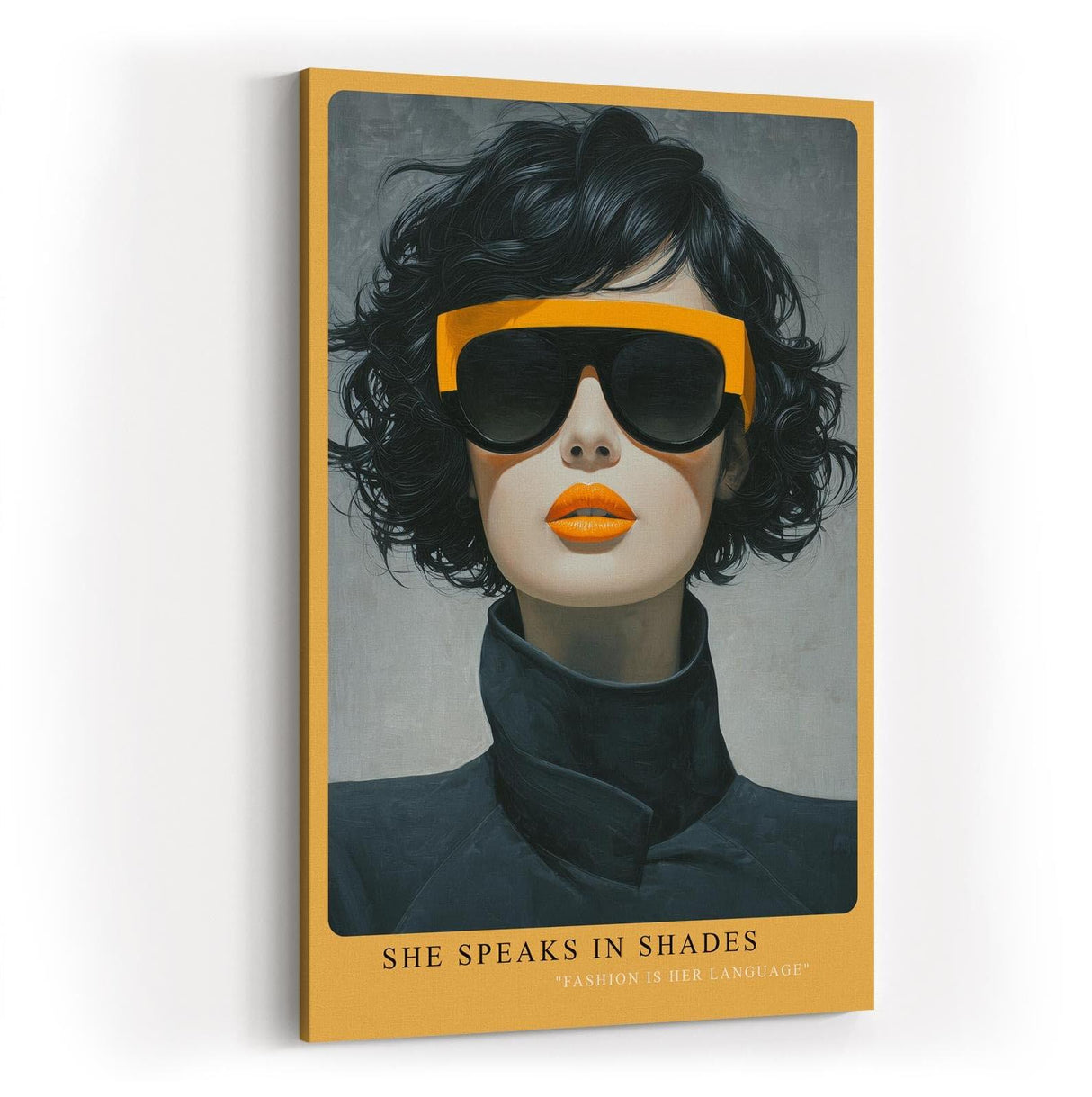Paul Sinus Wandbild in 40x60cm She Speaks in Shades – modernes Porträt einer Frau mit gelber Sonnenbrille und Lippenstift, Fashion-Art in ausdrucksstarkem Stil