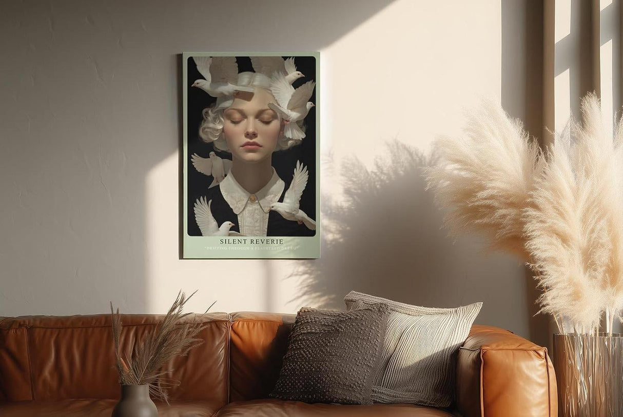 Paul Sinus Wandbild in 40x60cm Silent Reverie Porträt einer Frau mit geschlossenen Augen, umgeben von weißen Tauben, für friedvolle Raumgestaltung
