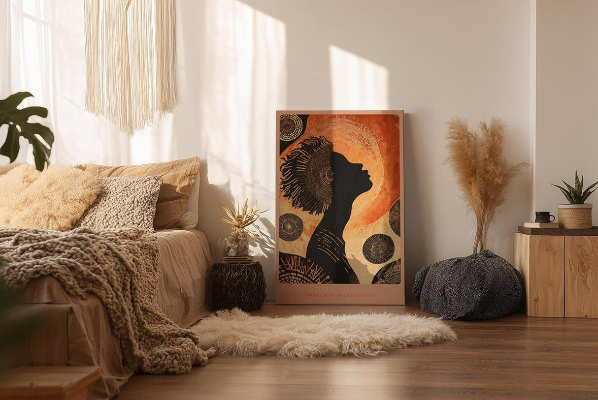 Paul Sinus Wandbild in 40x60cm Silhouette einer Frau vor grafisch-ornamentalem Hintergrund in warmen Erdtönen