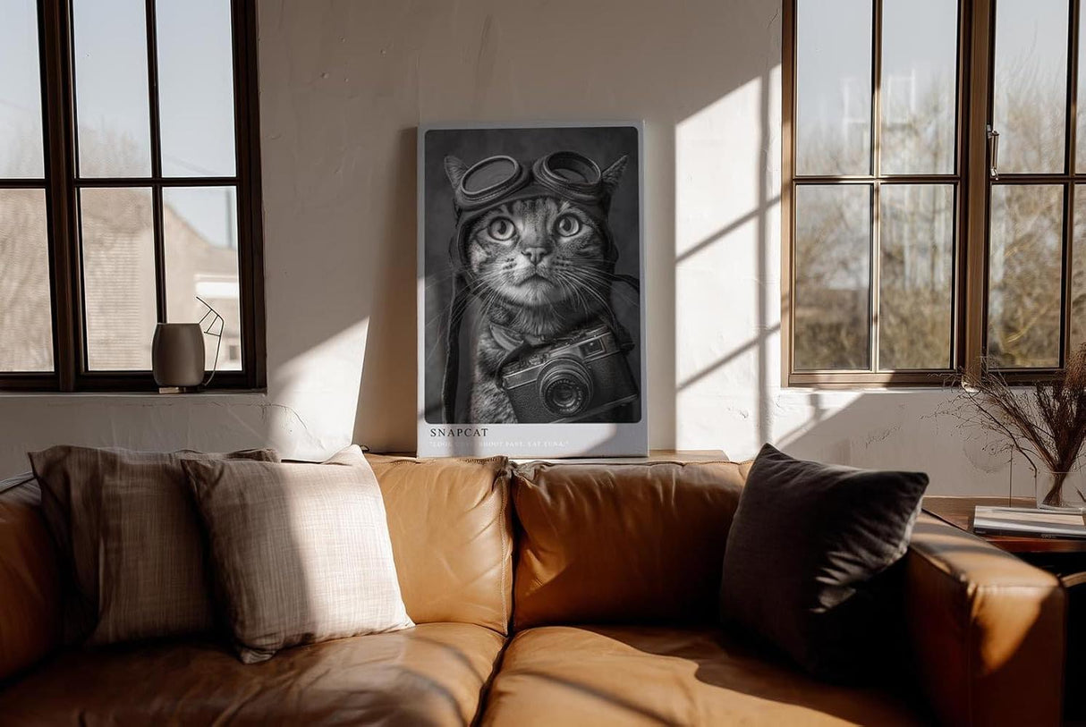 Paul Sinus Wandbild in 40x60cm Snapcat – Humorvolles Katzenporträt in Schwarz-Weiß mit Kamera und Fliegerbrille