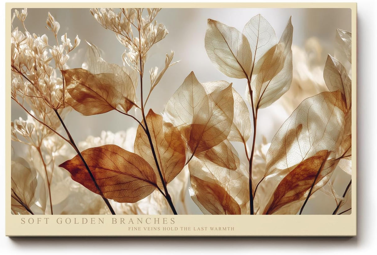 Paul Sinus Wandbild 120x80cm Soft Golden Branches botanische Blätter im warmen Licht Natur Fotokunst Poster für Wohnzimmer Schlafzimmer Büro
