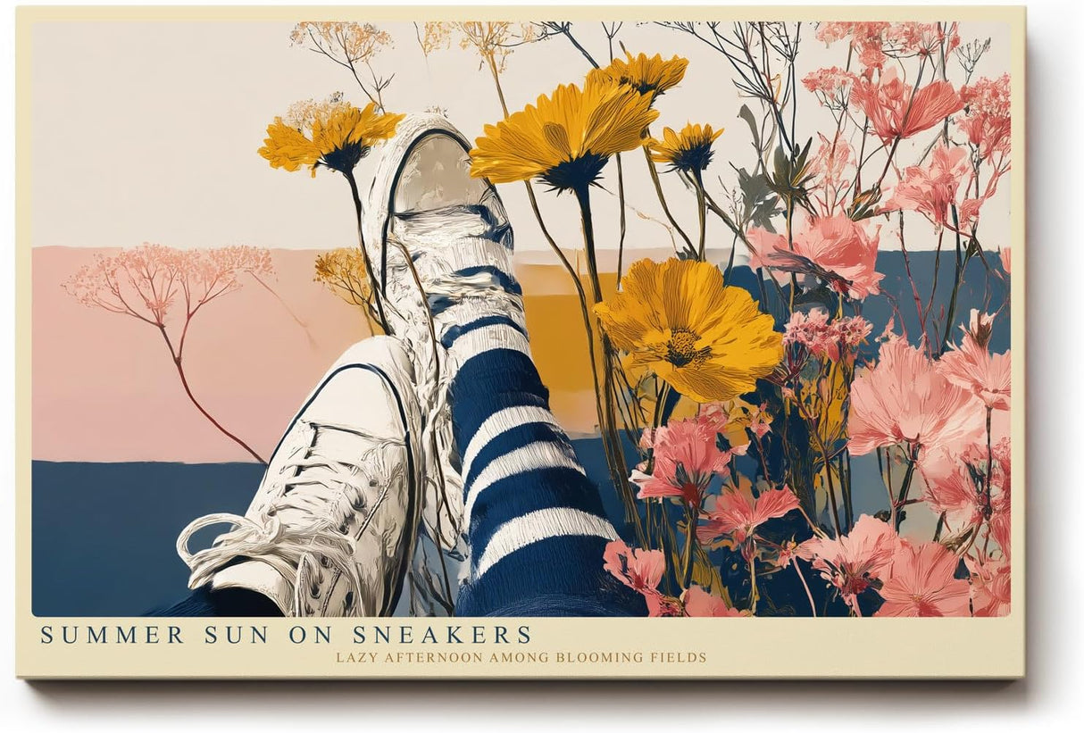Paul Sinus Wandbild 120x80cm Sommer Blumenfeld mit Sneakers Künstlerische Illustration Moderne Lifestyle Kunst für Wohnzimmer Schlafzimmer