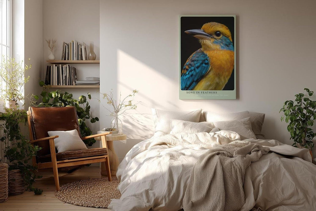 Paul Sinus Wandbild in 40x60cm Song in Feathers – farbenfrohes Vogelporträt in harmonischen Blauund Gelbtönen für stilvolle Raumgestaltung