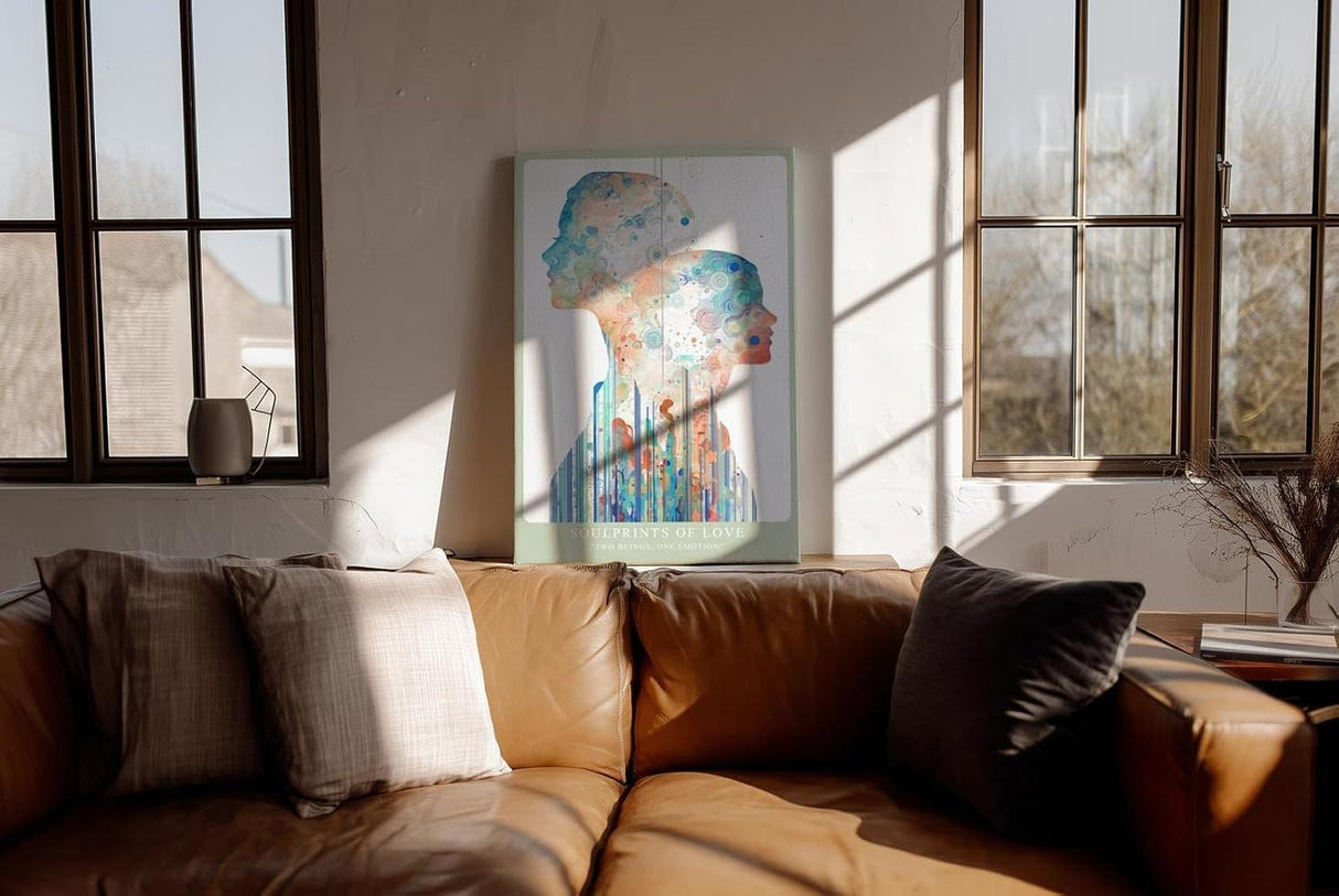 Paul Sinus Wandbild in 40x60cm Soulprints of Love – zwei Silhouetten in leuchtend heller, abstrakter Gestaltung, symbolische Kunst in Pastelltönen