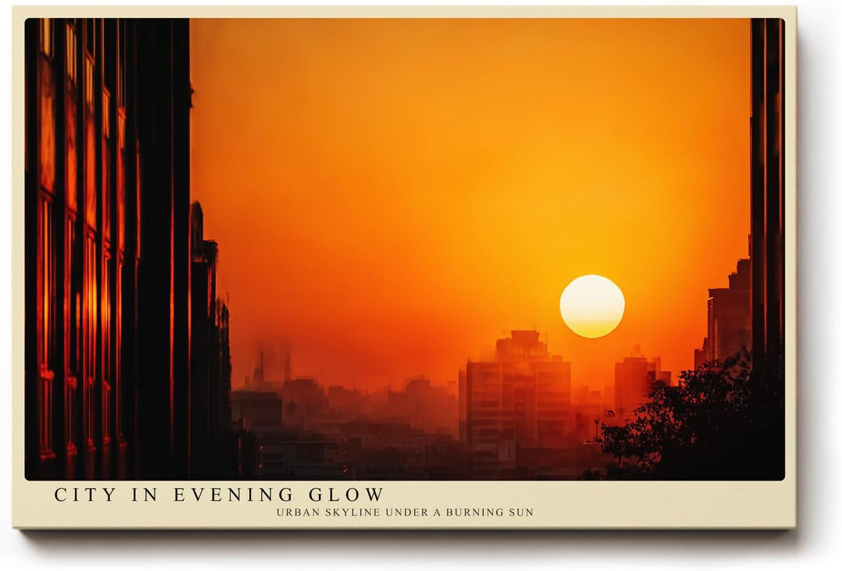 Paul Sinus Wandbild 120x80cm Stadt Sonnenuntergang Skyline Fotokunst orange Abendhimmel modernes City Poster stilvolle Wanddekoration für Wohnzimmer Büro Loft