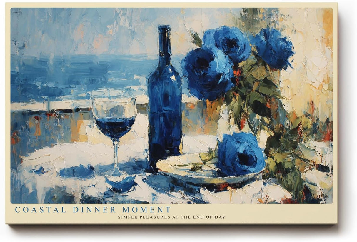 Paul Sinus Wandbild 120x80cm Stillleben Weinflasche Rosen modern blau weiss mediterrane Malerei Kunstdruck grosses Kunstbild elegante Wanddekoration fuer Wohnzimmer Esszimmer Kueche Büro
