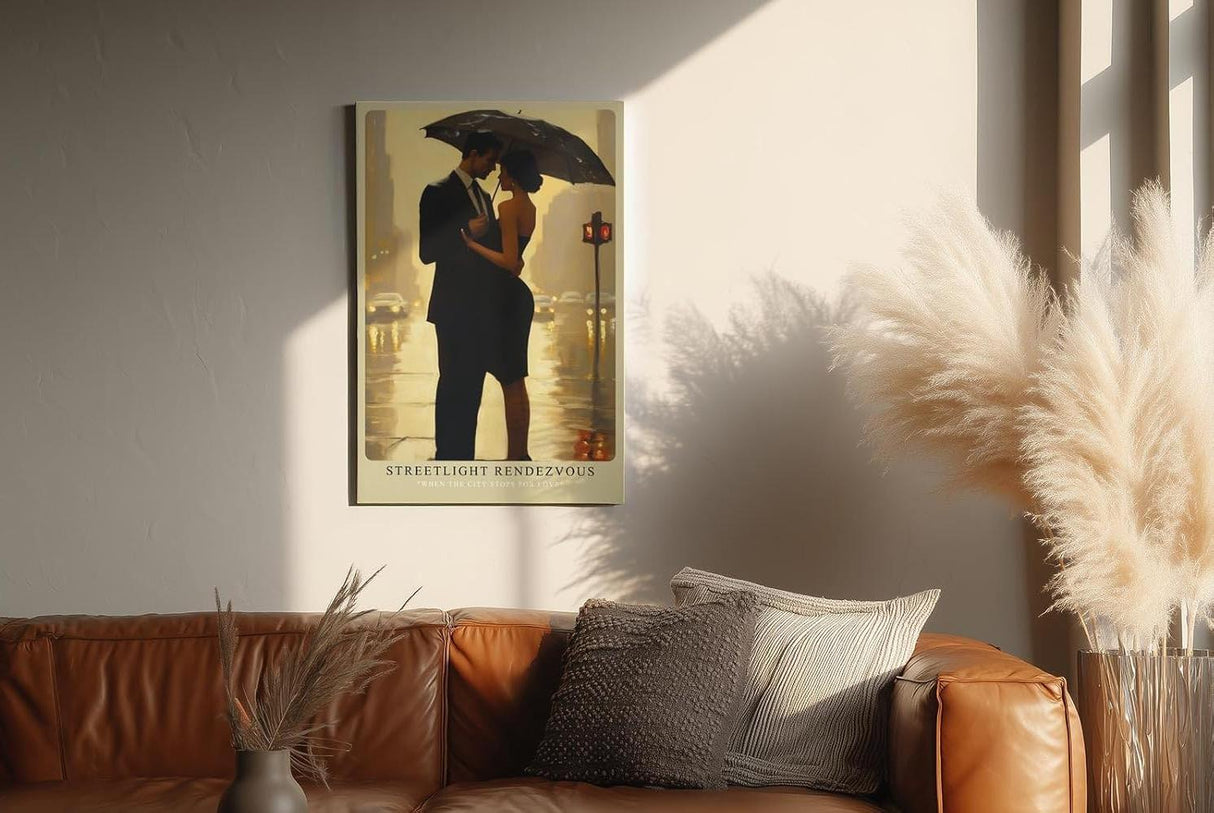 Paul Sinus Wandbild in 40x60cm Streetlight Rendezvous – romantische Stadtszene bei Regen in impressionistischem Stil für elegante Raumgestaltung