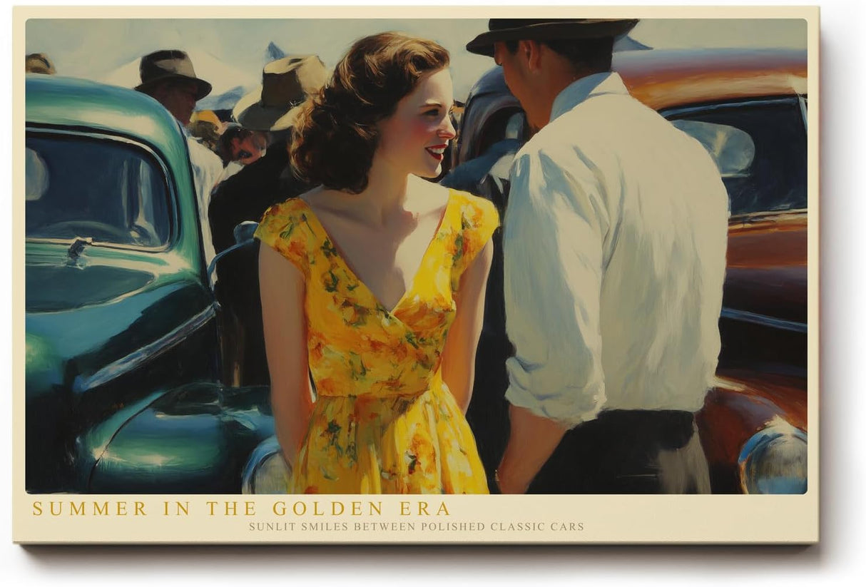 Paul Sinus Wandbild 120x80cm Summer in the Golden Era Vintage Paar mit Oldtimer Klassische Sommer Szene Retro Kunst fuer Wohnzimmer und Büro