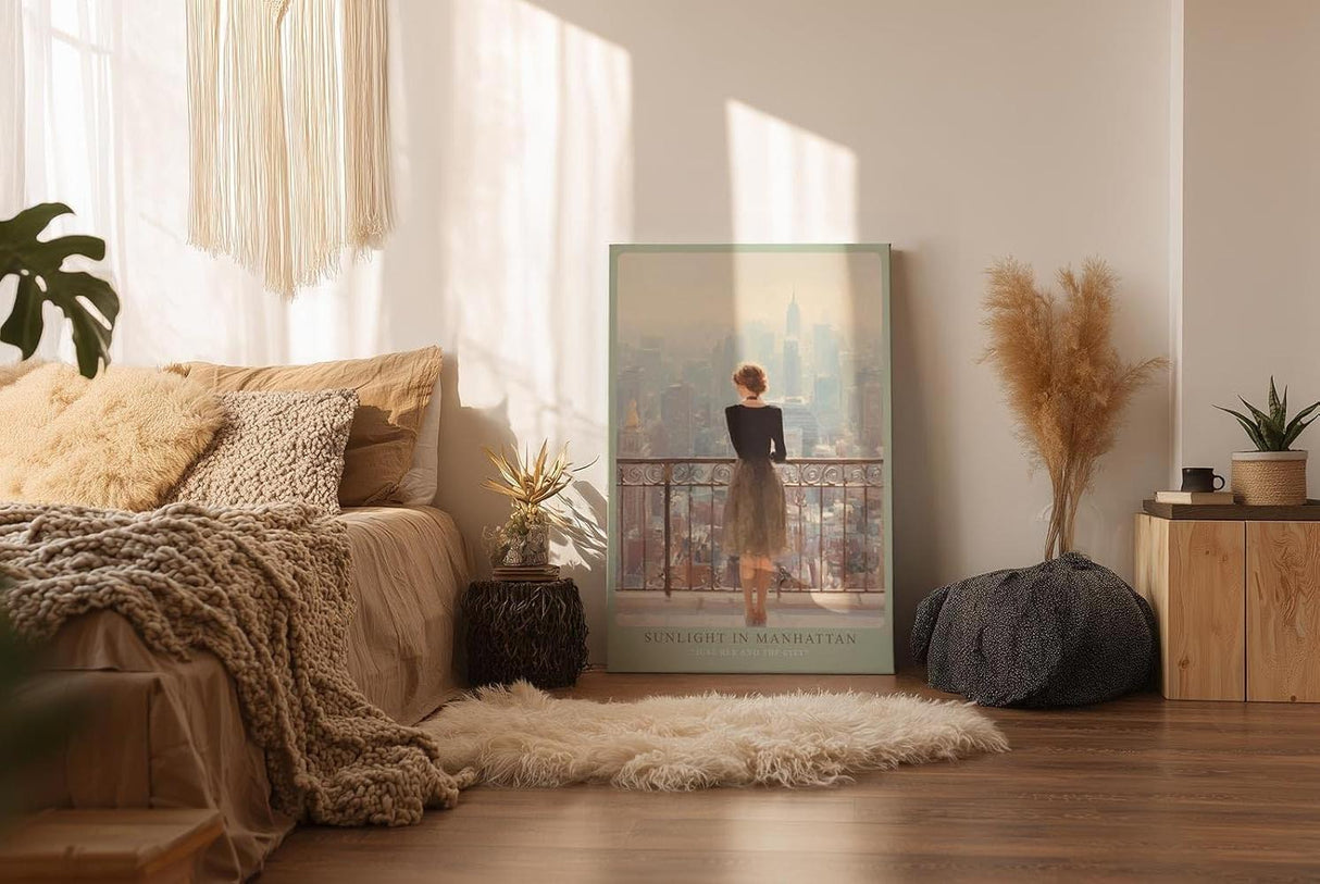 Paul Sinus Wandbild in 40x60cm Sunlight in Manhattan – Frau auf Balkon mit Blick auf Empire State Building, sonnendurchflutetes Stadtmotiv