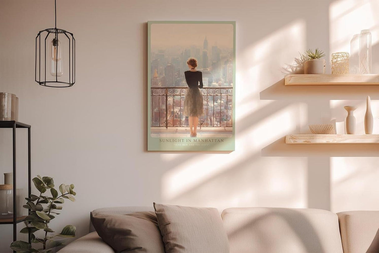 Paul Sinus Wandbild in 40x60cm Sunlight in Manhattan – Frau auf Balkon mit Blick auf Empire State Building, sonnendurchflutetes Stadtmotiv