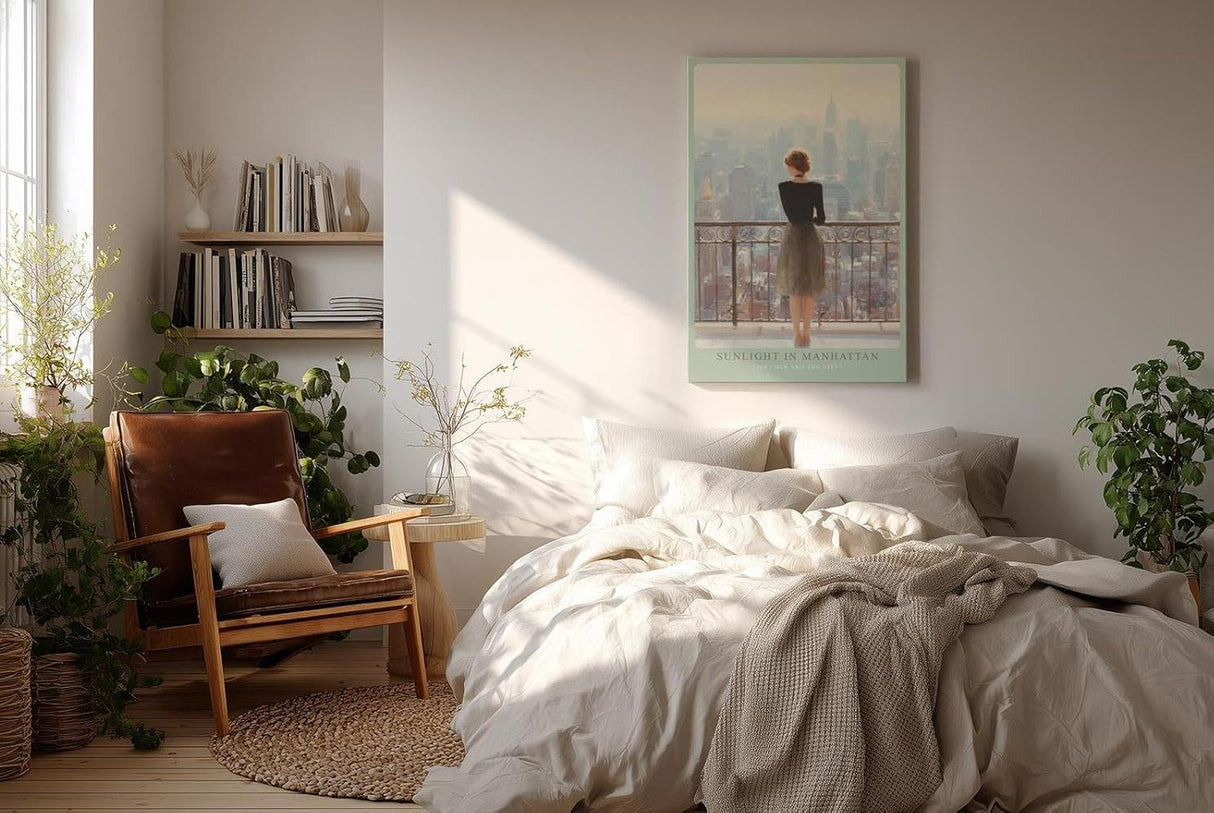 Paul Sinus Wandbild in 40x60cm Sunlight in Manhattan – Frau auf Balkon mit Blick auf Empire State Building, sonnendurchflutetes Stadtmotiv