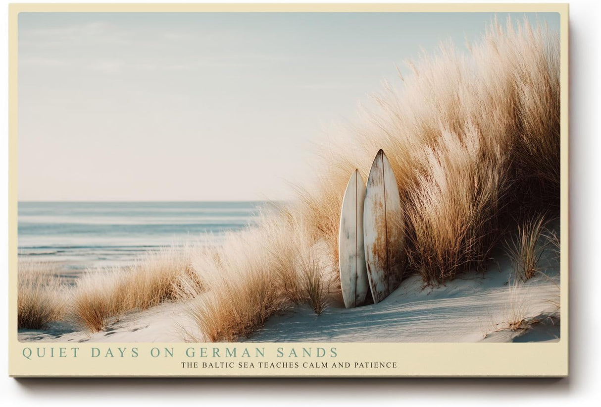 Paul Sinus Wandbild 120x80cm Surfbrett Strandduenen Kueste ruhige Meereslandschaft Strandmotiv stilvolle Wanddekoration fuer Wohnzimmer Büro