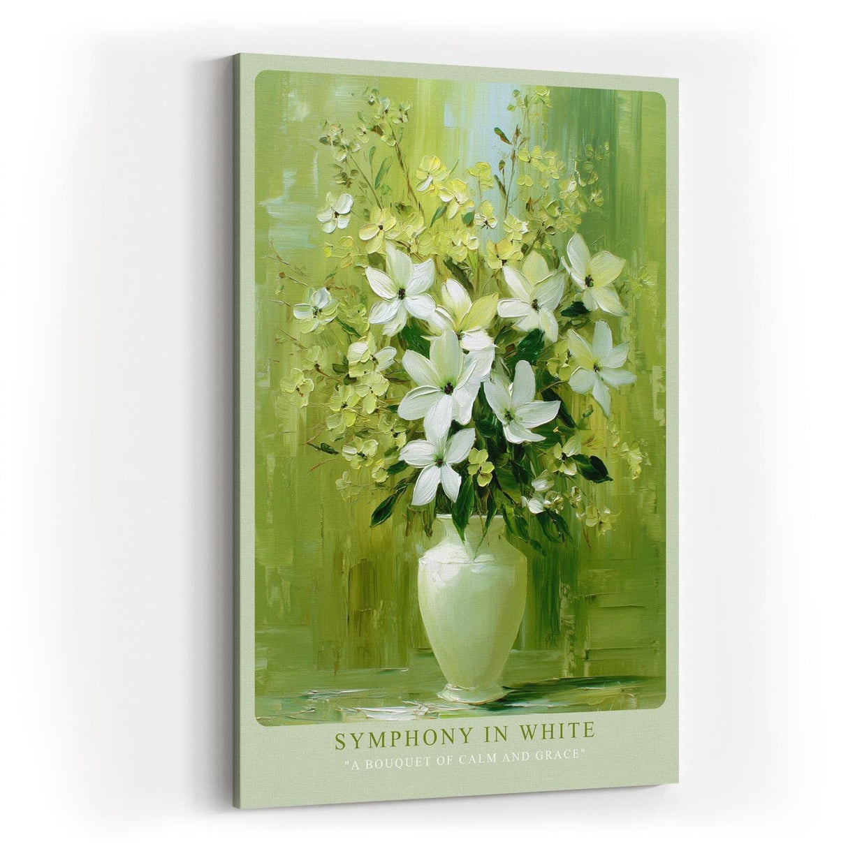 Paul Sinus Wandbild in 40x60cm Symphony in White stilvolles Stillleben mit weißen Lilien und Blüten in Vase vor grünem Hintergrund