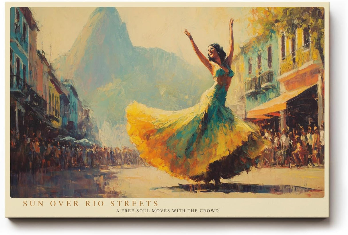 Paul Sinus Wandbild 120x80cm Tänzerin in Rio Straßen Szene Moderne Kunst in Gelb Blau und Orange für Wohnzimmer Büro und Atelier