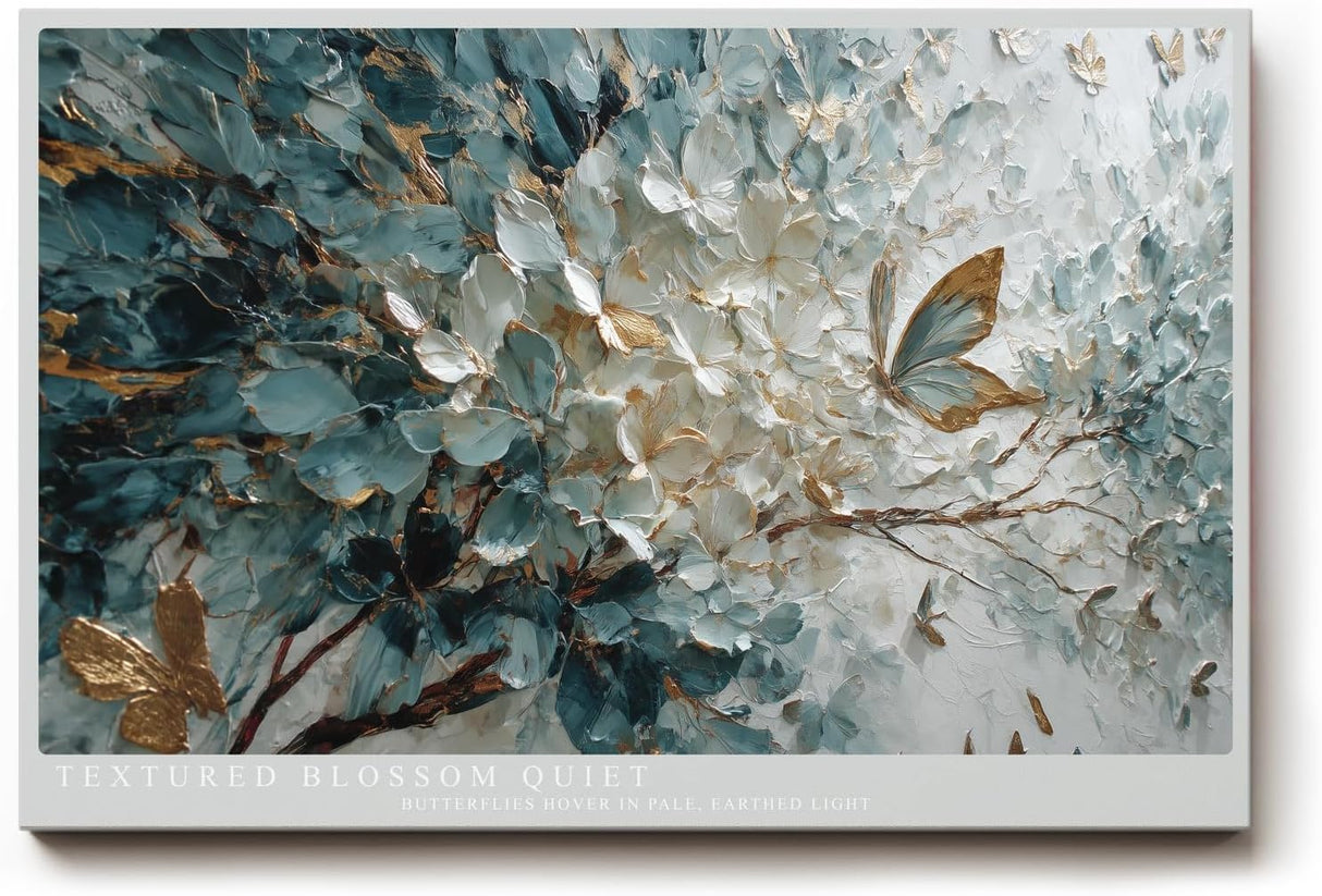 Paul Sinus Wandbild 120x80cm Textured Blossom Quiet Blumenrelief mit Schmetterlingen Elegante Natur Kunst fuer Wohnzimmer Schlafzimmer und Büro
