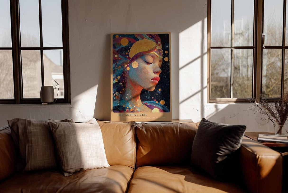 Paul Sinus Wandbild in 40x60cm The Astral Veil Künstlerisches Frauenporträt mit kosmischen Elementen und goldenen Akzenten für mystische Raumgestaltung