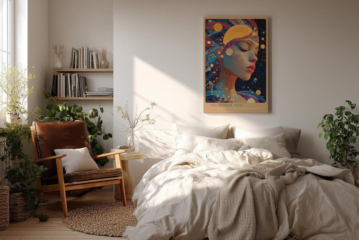 Paul Sinus Wandbild in 40x60cm The Astral Veil Künstlerisches Frauenporträt mit kosmischen Elementen und goldenen Akzenten für mystische Raumgestaltung