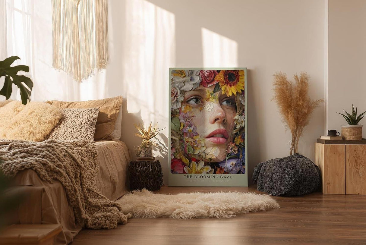 Paul Sinus Wandbild in 40x60cm The Blooming Gaze mit realistischem Frauenportrait und Blüten in leuchtenden Farben für ausdrucksstarke Wandgestaltung