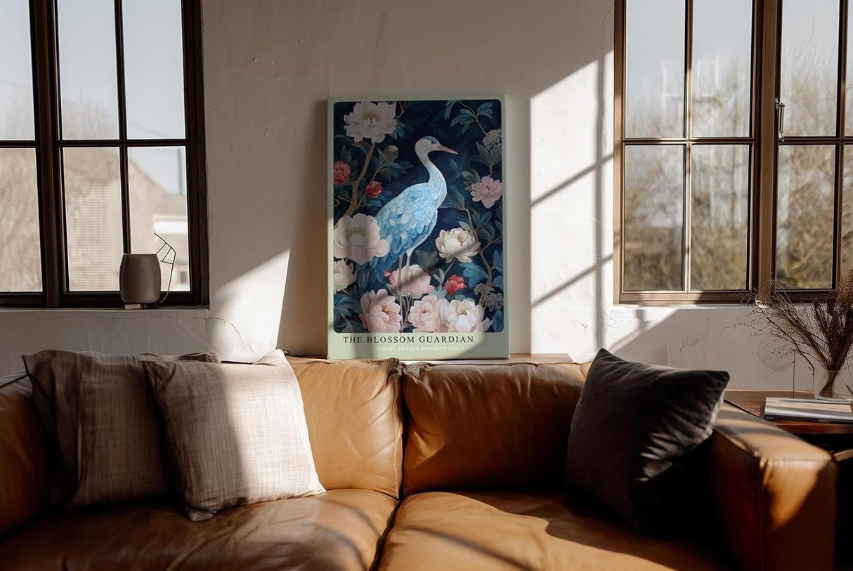 Paul Sinus Wandbild in 40x60cm The Blossom Guardian mit elegantem Kranich zwischen blühenden Pfingstrosen für harmonische Wandgestaltung