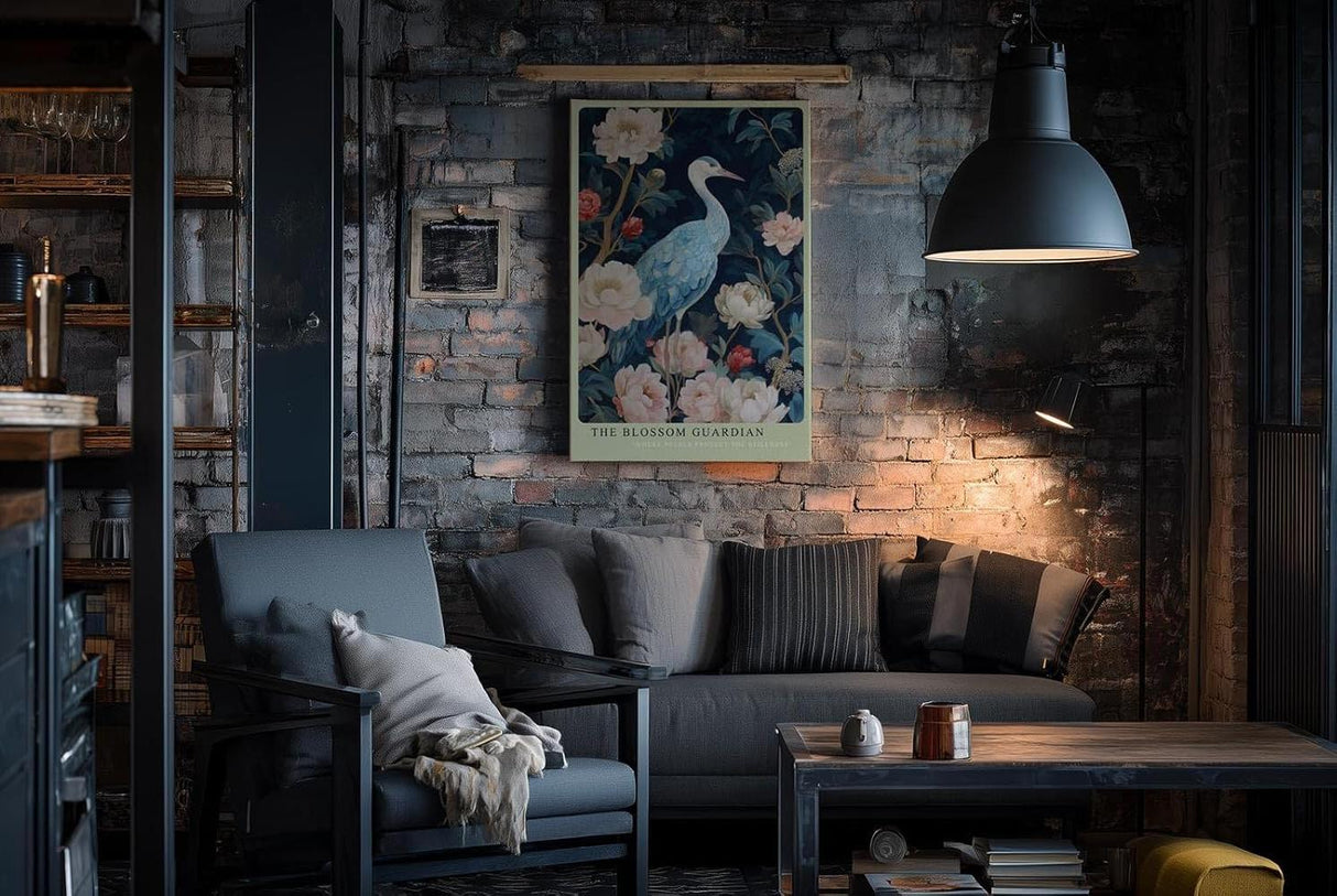 Paul Sinus Wandbild in 40x60cm The Blossom Guardian mit elegantem Kranich zwischen blühenden Pfingstrosen für harmonische Wandgestaltung