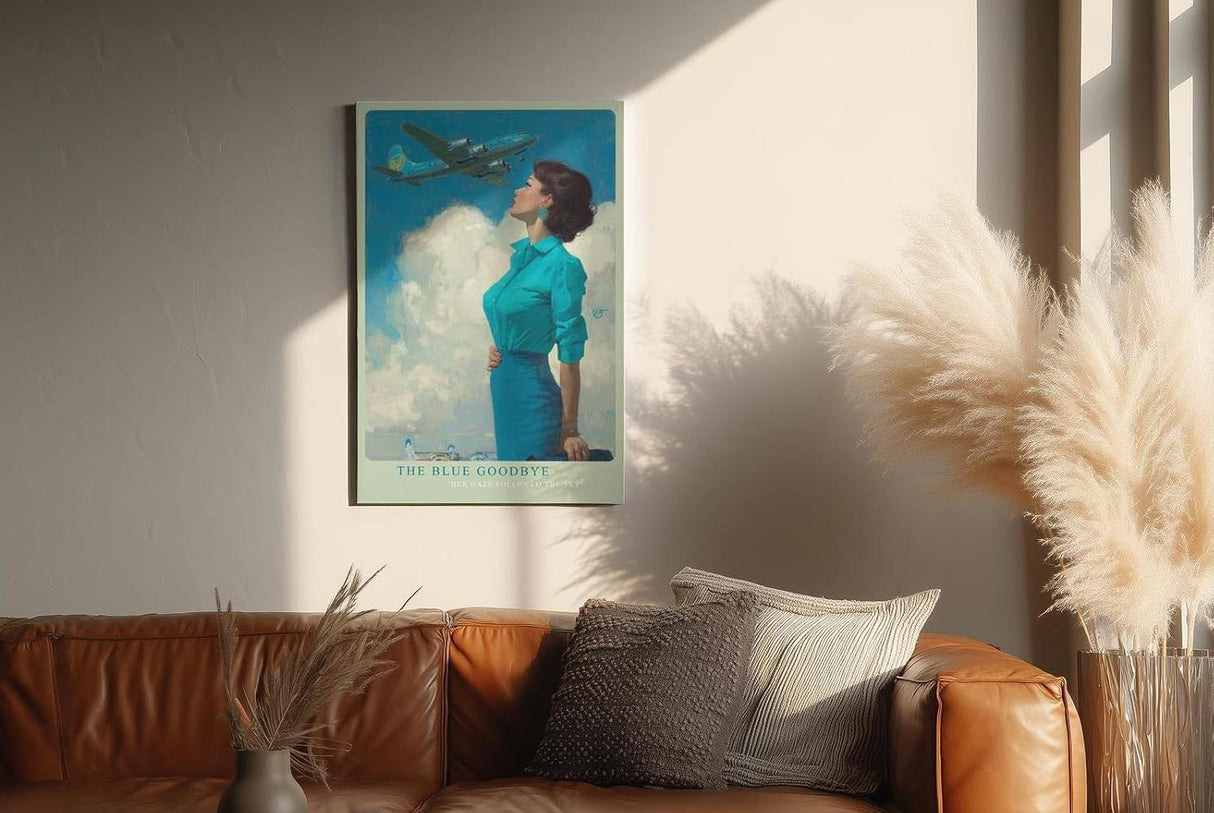 Paul Sinus Wandbild in 40x60cm The Blue Goodbye mit stilvoller Frau im Retro-Look und Flugzeug am Himmel für elegante Wandgestaltung
