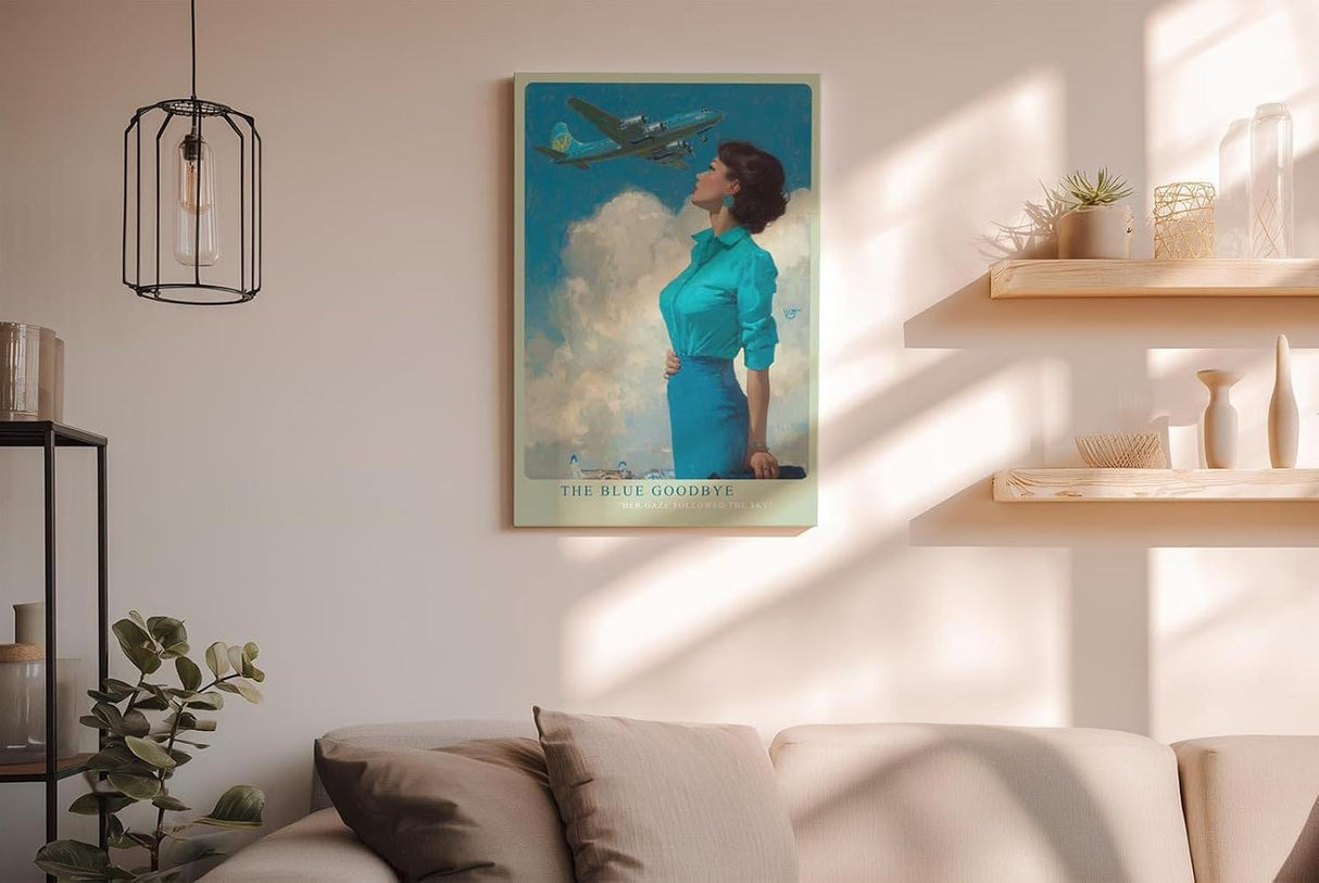 Paul Sinus Wandbild in 40x60cm The Blue Goodbye mit stilvoller Frau im Retro-Look und Flugzeug am Himmel für elegante Wandgestaltung
