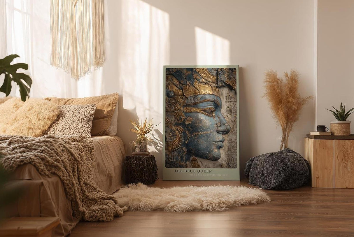 Paul Sinus Wandbild in 40x60cm The Blue Queen – Ägyptisches Königinnenprofil in Blau-Gold mit feinen Reliefdetails