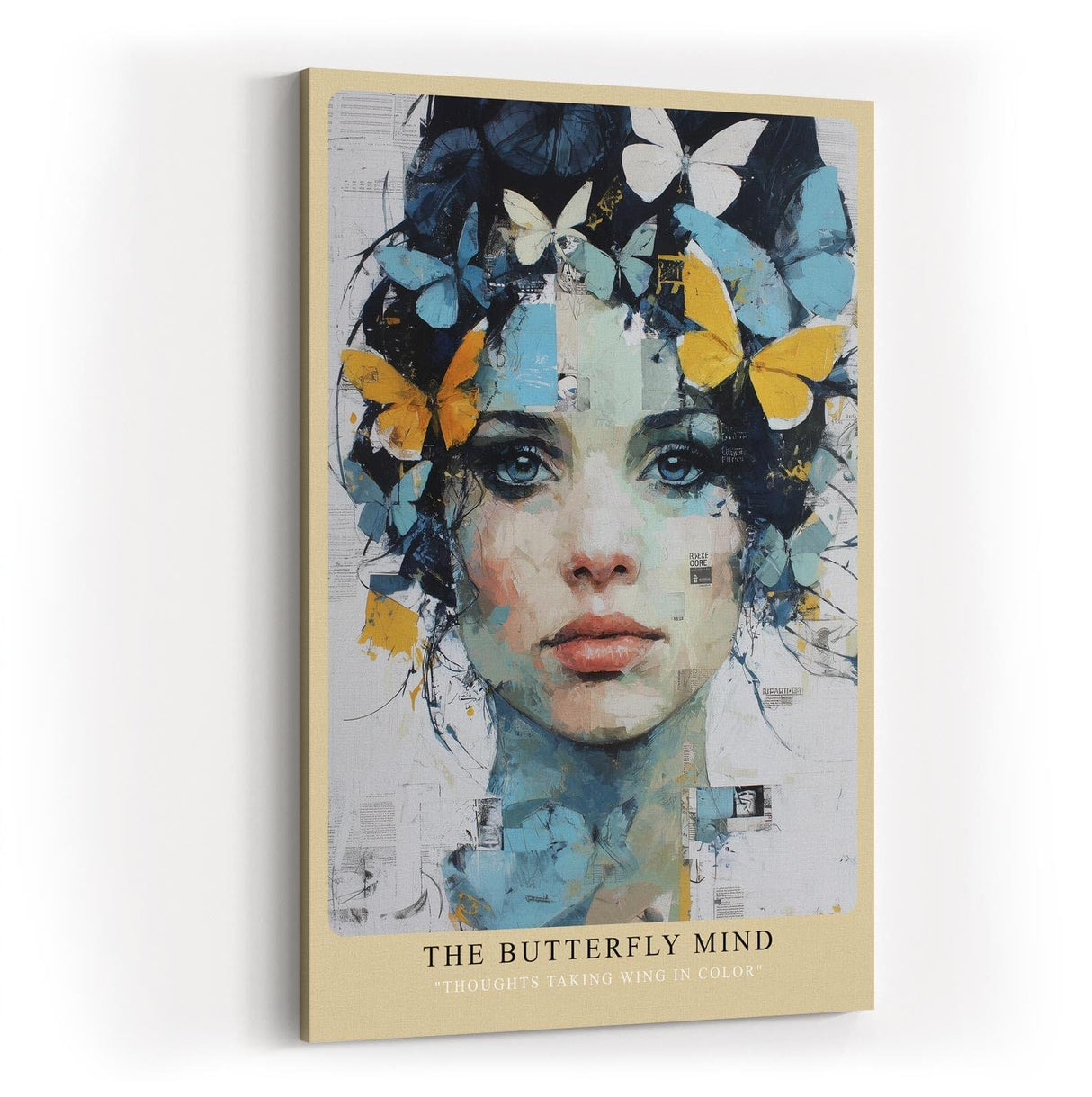 Paul Sinus Wandbild in 40x60cm The Butterfly Mind – farbintensives Porträt einer Frau mit Schmetterlingen im Haar in moderner Kunstoptik