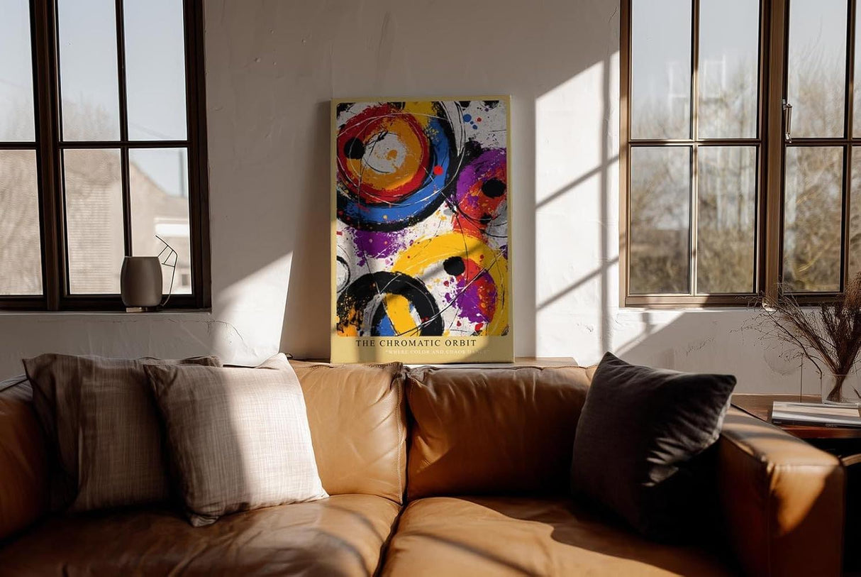 Paul Sinus Wandbild in 40x60cm The Chromatic Orbit – Abstrakte Kreisformationen in kräftigem Orange, Blau, Violett, Rot und Schwarz mit dynamischen Farbspritzern