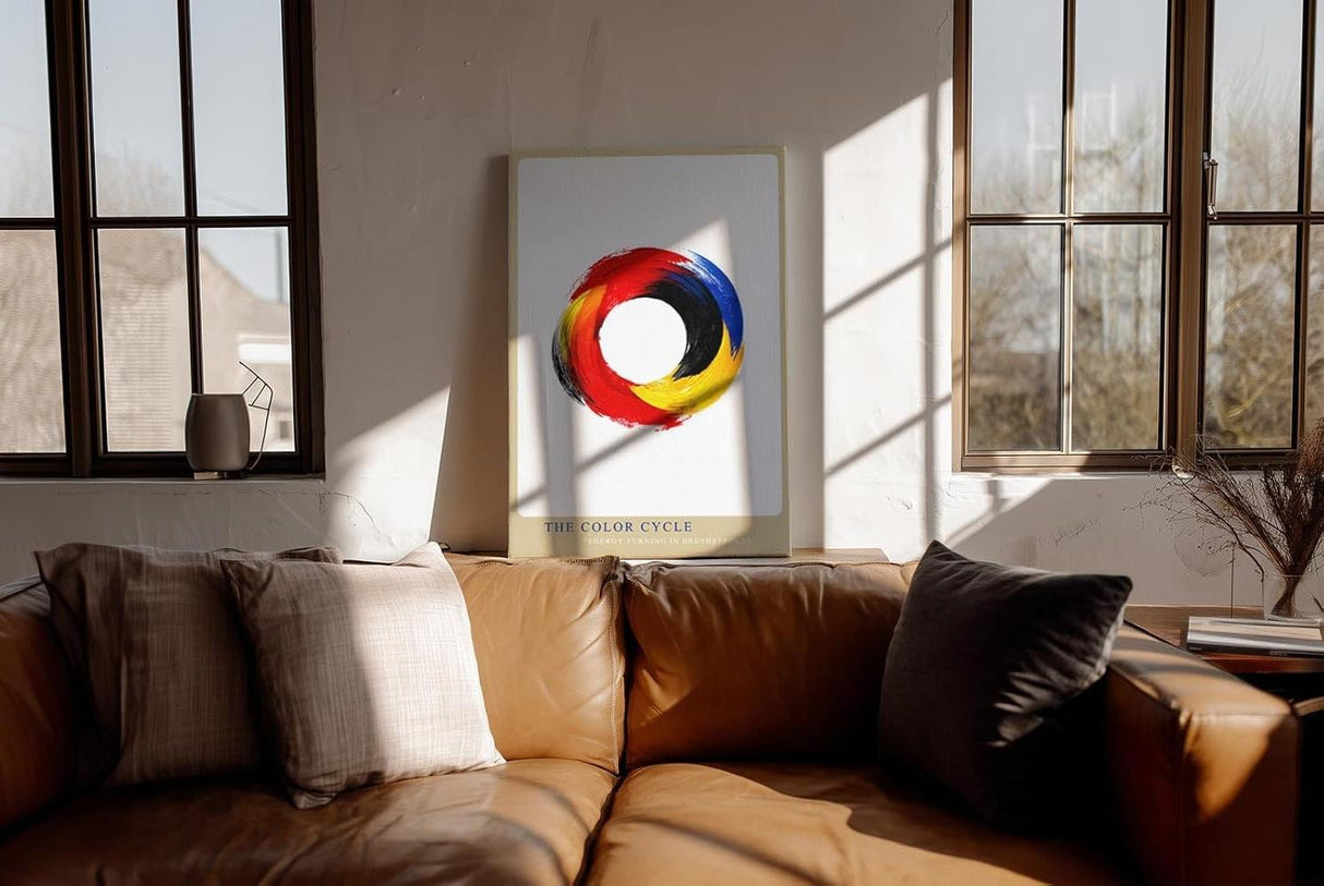 Paul Sinus Wandbild in 40x60cm The Color Cycle – Kreisförmige abstrakte Farbkomposition in Rot, Gelb, Blau und Schwarz