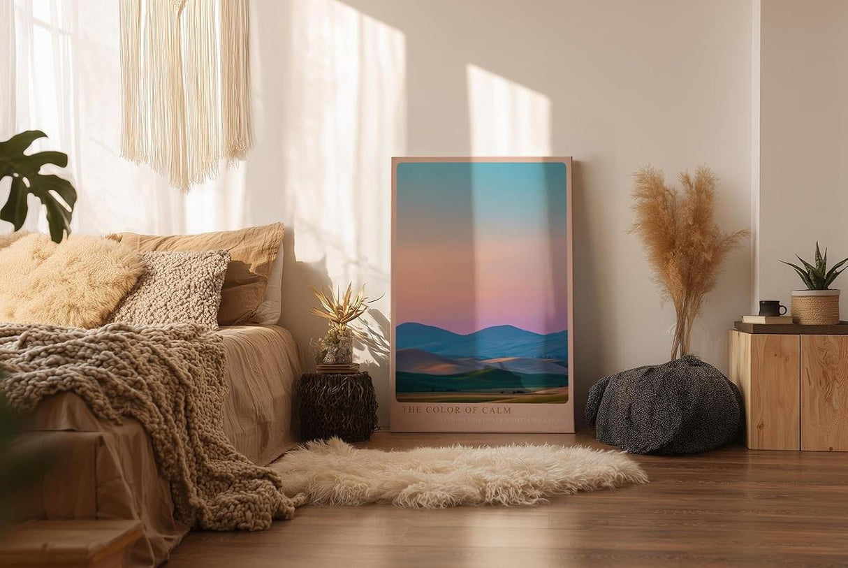 Paul Sinus Wandbild in 40x60cm The Color of Calm mit farbharmonischer Hügellandschaft im Abendlicht für entspannende Wandgestaltung