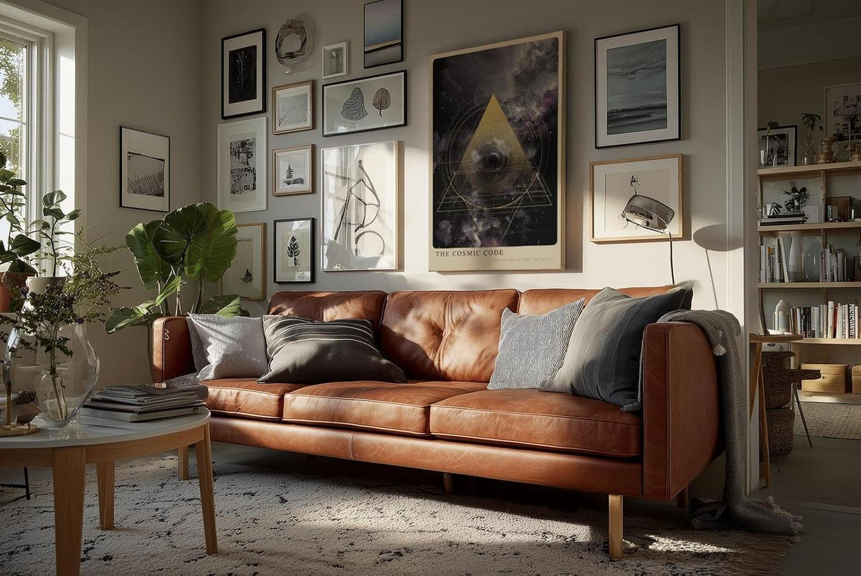 Paul Sinus Wandbild in 40x60cm The Cosmic Code – Faszinierende Weltraumkomposition mit goldenem geometrischem Dreieck und mystischen Nebelstrukturen