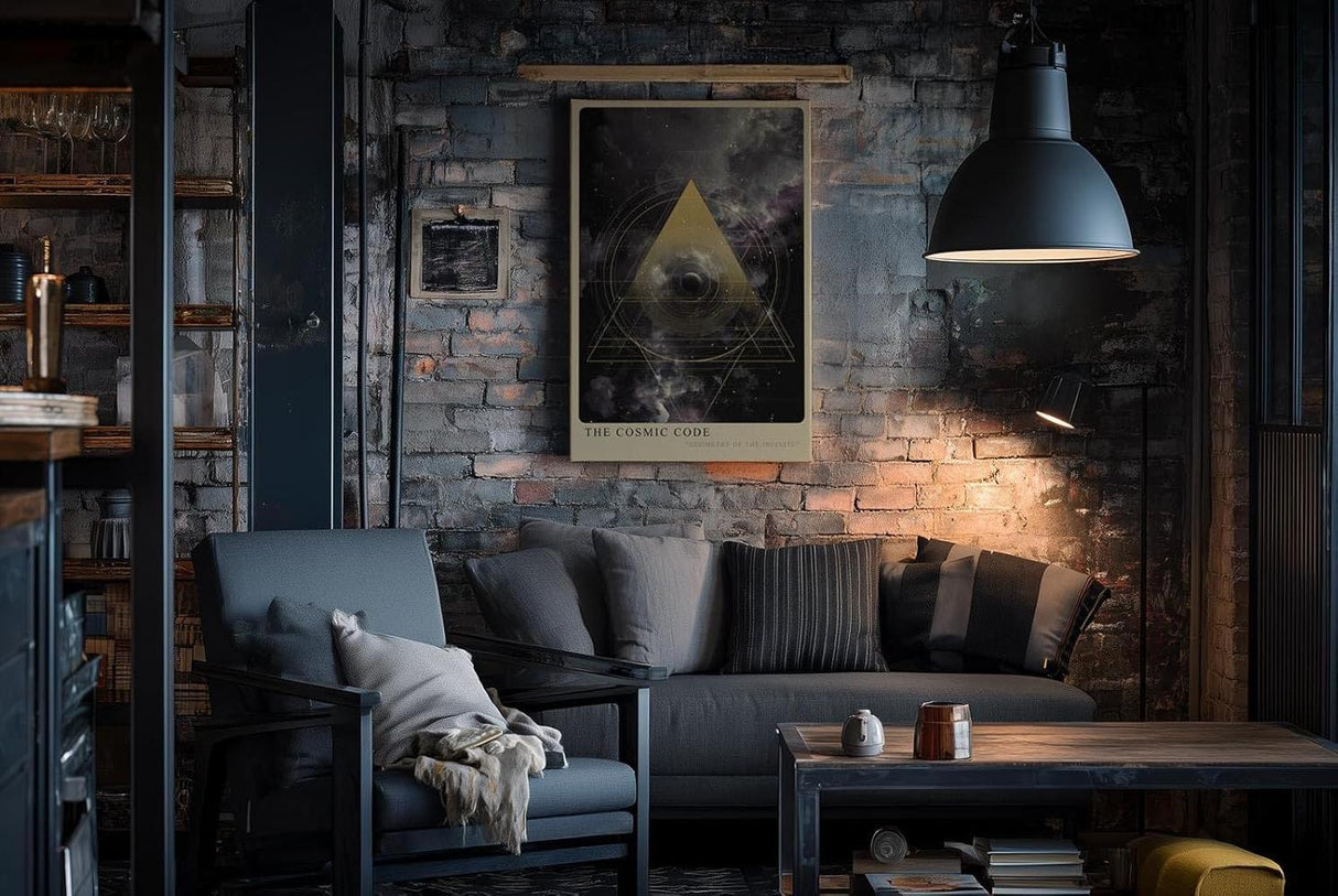 Paul Sinus Wandbild in 40x60cm The Cosmic Code – Faszinierende Weltraumkomposition mit goldenem geometrischem Dreieck und mystischen Nebelstrukturen