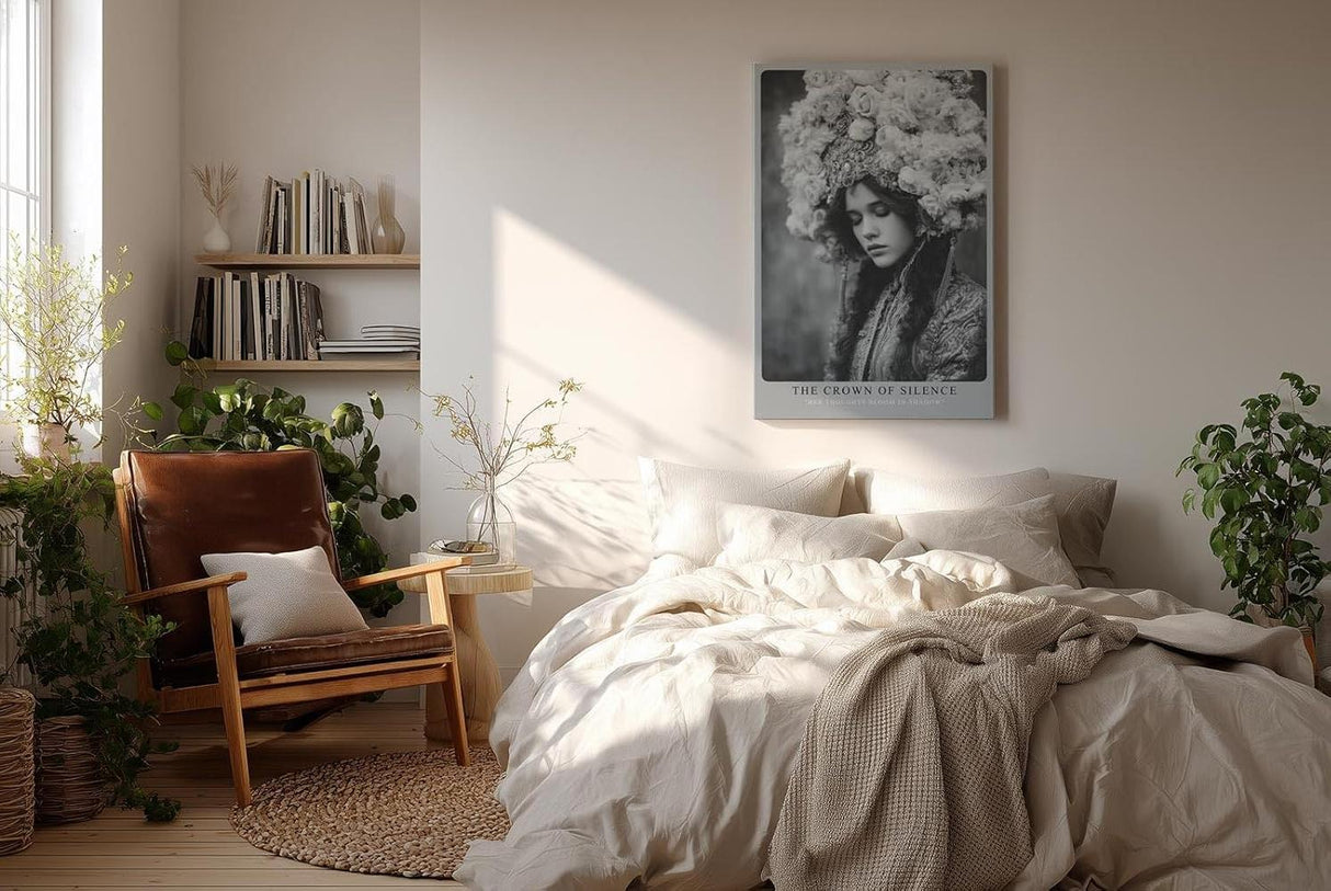 Paul Sinus Wandbild in 40x60cm The Crown of Silence Schwarz-Weiß-Porträt einer Frau mit opulentem Blumenkopfschmuck für elegante und zeitlose Raumgestaltung