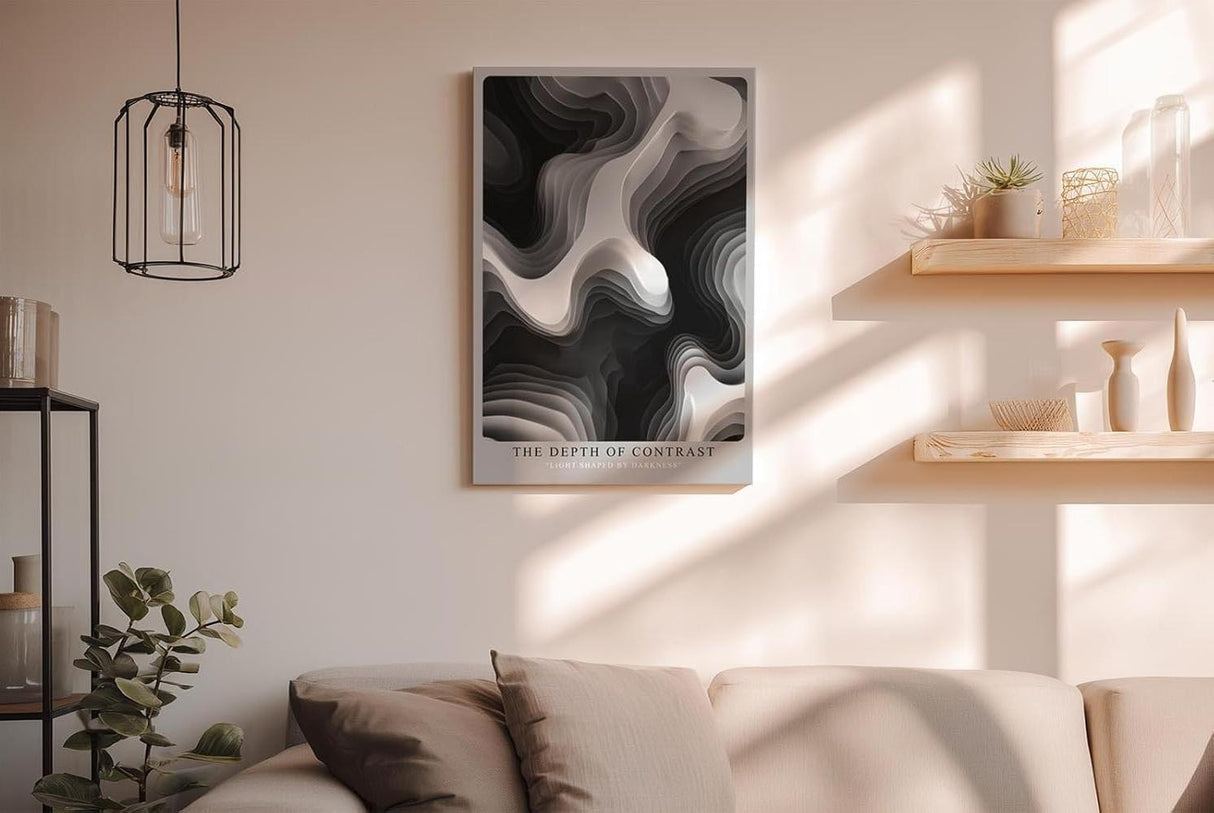 Paul Sinus Wandbild in 40x60cm The Depth of Contrast – Schwarz-weiße Reliefstruktur mit fließenden, organischen Linien und starker Licht-Schatten-Wirkung