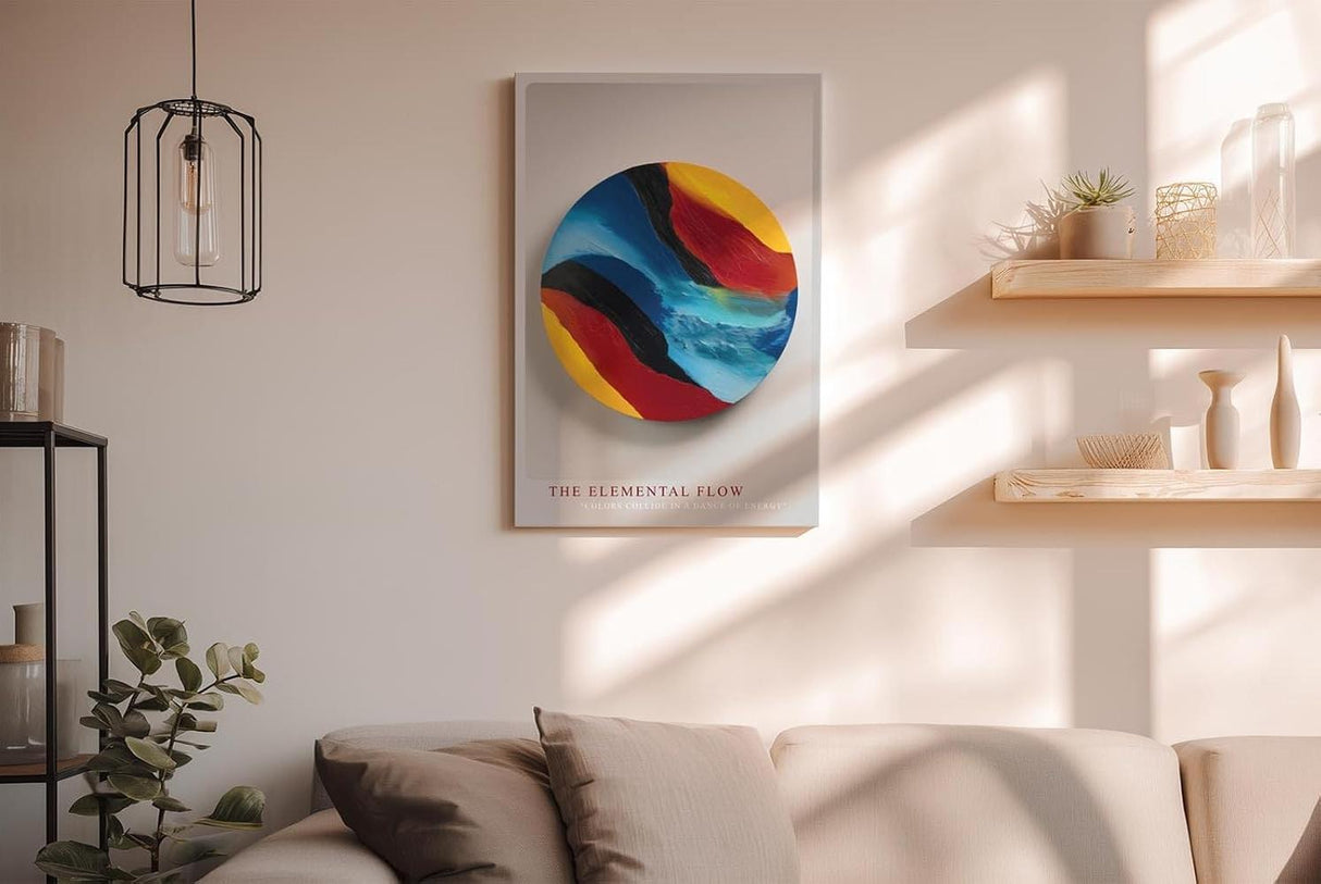 Paul Sinus Wandbild in 40x60cm The Elemental Flow – Abstraktes Rundmotiv in kräftigen Blau-, Rot-, Gelbund Schwarztönen