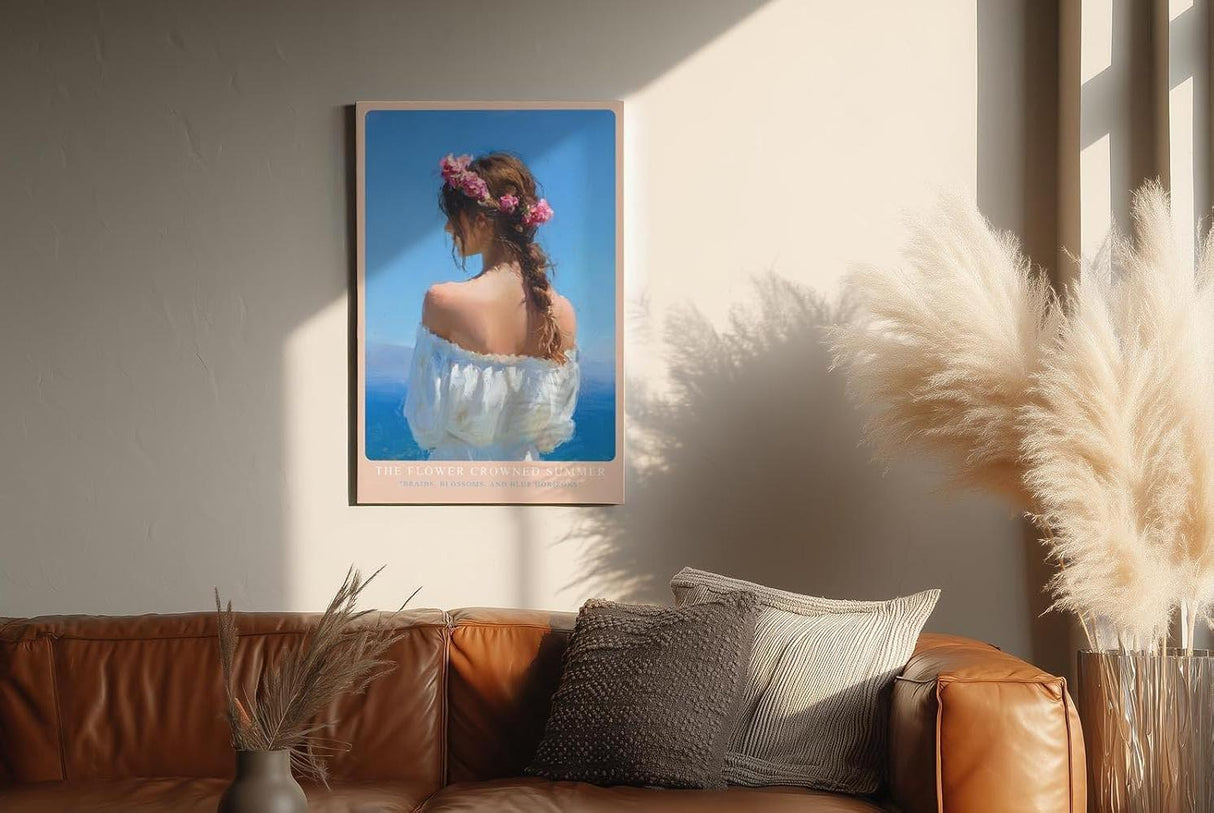 Paul Sinus Wandbild in 40x60cm The Flower Crowned Summer Romantic Woman with Floral Hair Wreath by the Sea in Sunlit Colors