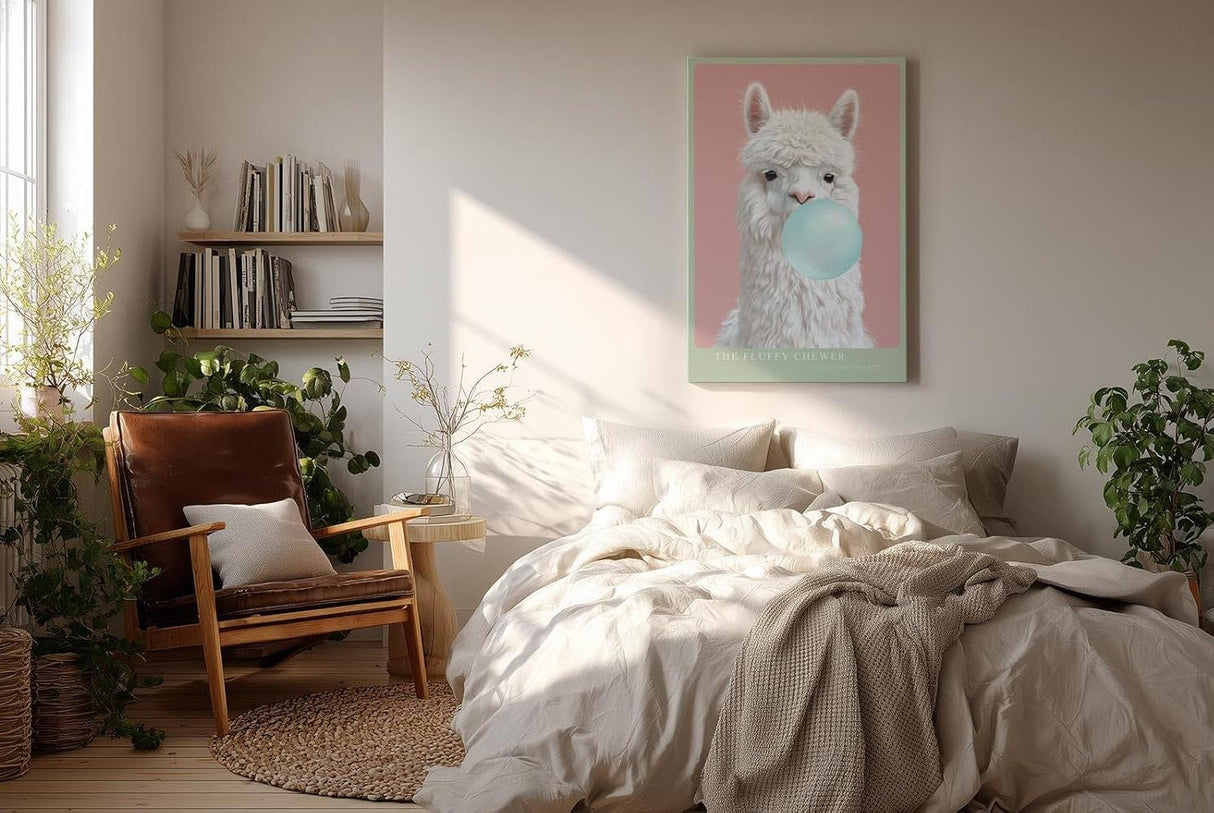 Paul Sinus Wandbild in 40x60cm The Fluffy Chewer – Verspielte Darstellung eines weißen Alpakas mit Kaugummiblase vor pastellrosa Hintergrund