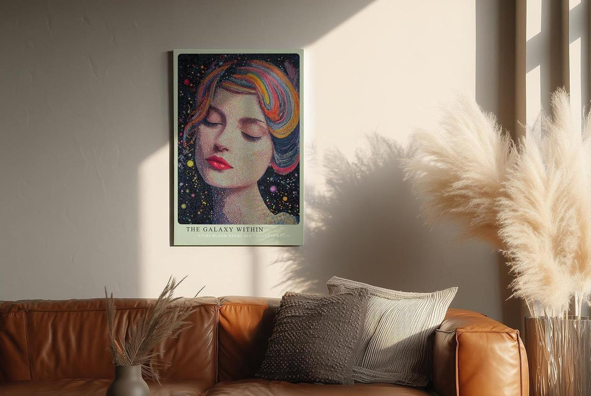 Paul Sinus Wandbild in 40x60cm The Galaxy Within Abstraktes Frauenporträt mit bunten Galaxieelementen im Haar für moderne und traumhafte Raumgestaltung