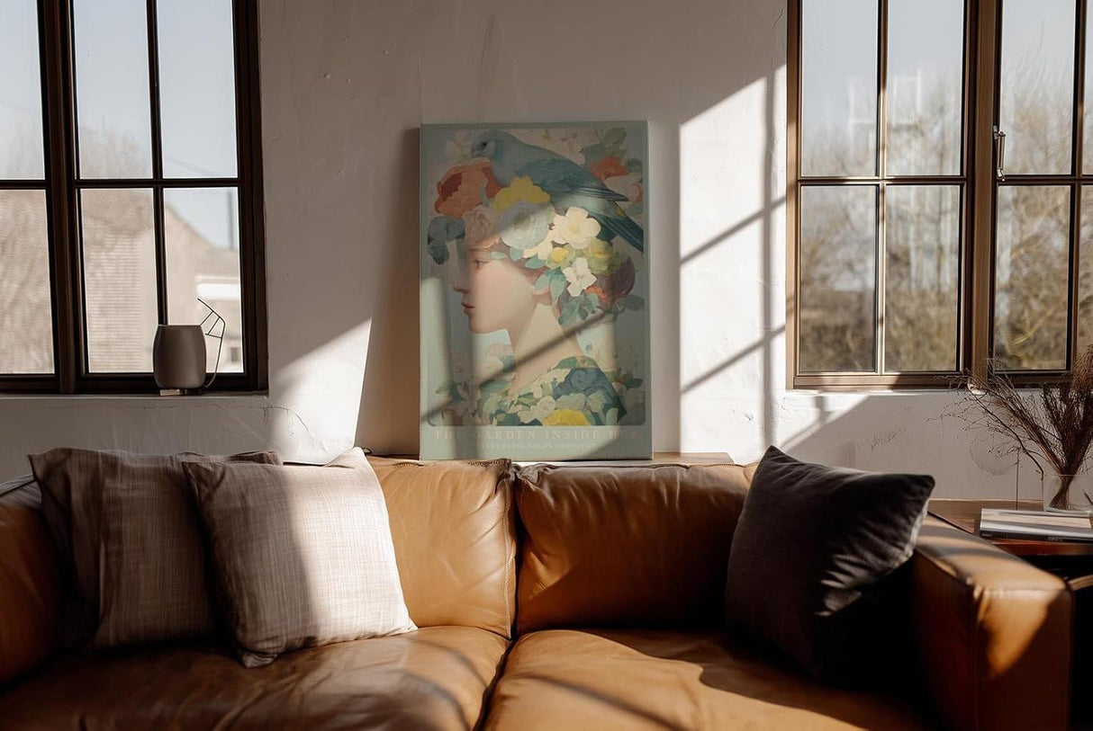 Paul Sinus Wandbild in 40x60cm The Garden Inside Her – Zartes Porträt einer Frau mit Blütenkrone und Vogel in pastellfarbener Komposition