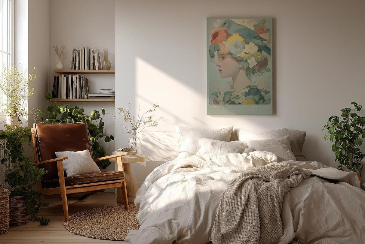 Paul Sinus Wandbild in 40x60cm The Garden Inside Her – Zartes Porträt einer Frau mit Blütenkrone und Vogel in pastellfarbener Komposition