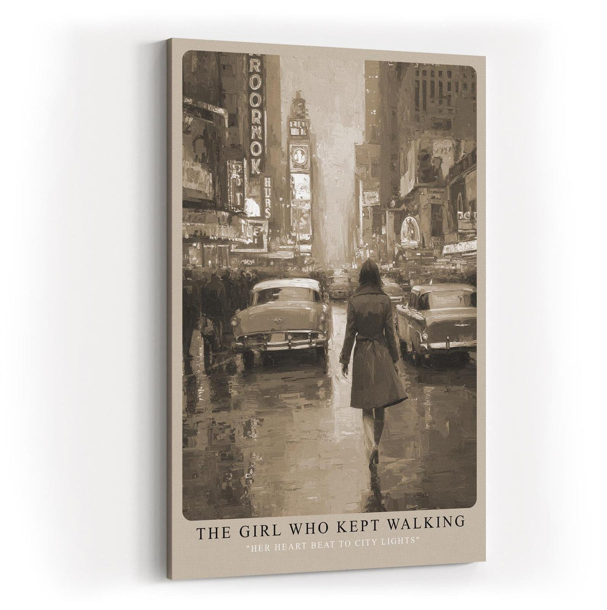 Paul Sinus Wandbild in 40x60cm The Girl Who Kept Walking Retro City Street Scene in Sepia with Vintage Cars and Rainy Atmosphere